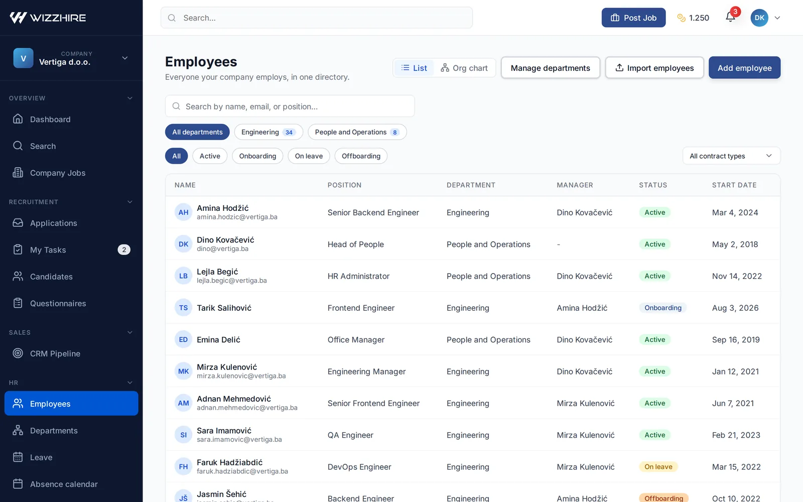 WizzHire employee directory with departments, managers, statuses, and start dates